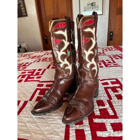 Vintage Frye Cowboy Boots Women's 8.5M (please read), brown, with red and white - Picture 3 of 10